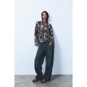 Zara Floral Mesh Sheer Turtleneck Trumpet Sleeve Top Women's Size Small NWT